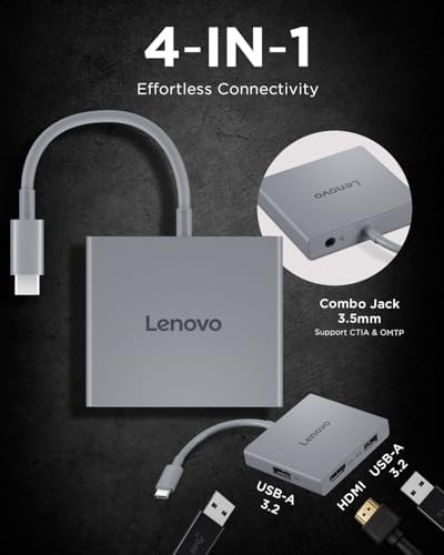 Lenovo USB-C 4 in 1 Travel Hub Block with Integrated Cable, 1x HDMI 4K @ 60Hz, 2X USB-A 3.2, 1x 3.5mm Combo, Luna Grey – Portable, Compact, High-Speed Connectivity Laptops PC Gaming Console Charging - Image 3