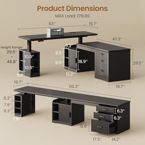 SEDETA Fluted L Shaped Electric Standing Desk, 63" x 67" Height Adjustable Home Office Executive Desk with Drawers and Shelves, Two Person Desk with Power Outlet for Home Office, Black - Image 2