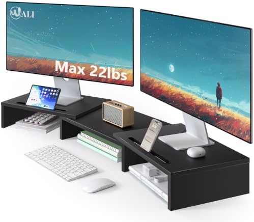 WALI Extra Long Wooden Dual Monitor Stand Riser with 2 Slots, up to 22lbs by WALI