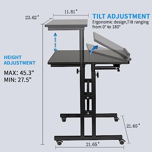 Hadulcet Mobile Standing Desk with Charging Station, Adjustable Standing Computer Desk, Standing Adjustable Laptop Cart with Wheels for Home Office Classroom Black - Image 2