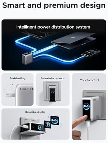 UGREEN Nexode Pro Charger, 160W GaN 5-Port Fast USB C Wall Charger Block, Type-C Charging with Smart Display & Touch Control Compatible for MacBook Pro/Air, iPhone 17/16 Series, iPad, Galaxy - Image 6
