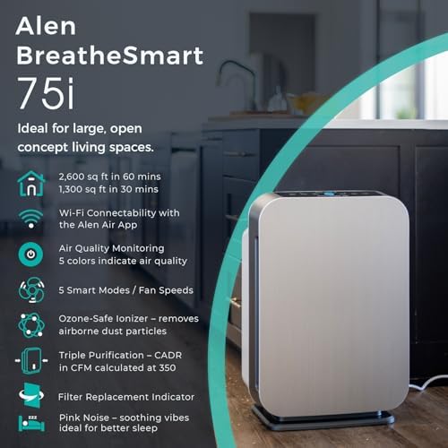 Alen Air Purifer BreatheSmart 75i HEPA w/ Pure Filter for Large Rooms up to 2600 Sq. Ft. - Perfect for Living Room & Kitchen - Captures Allergens, Dust, & Mold - White - Image 4