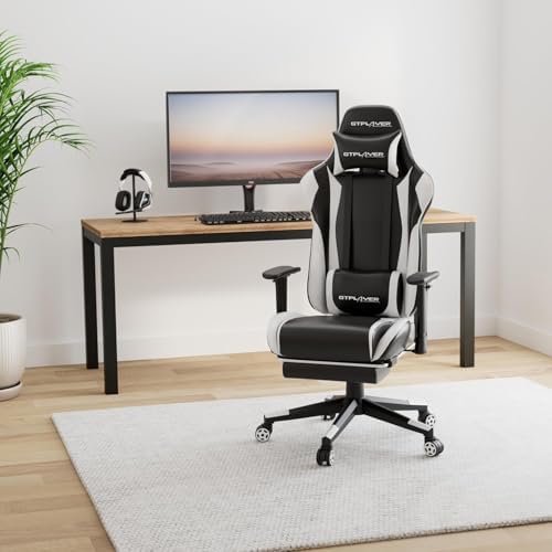 GTPLAYER Gaming Chair with Footrest, Ergonomic Computer Game Desk Chair, Reclining Gamer Chair Seat Height Adjustment, Swivel Rocker with Headrest and Lumbar (White) - Image 2
