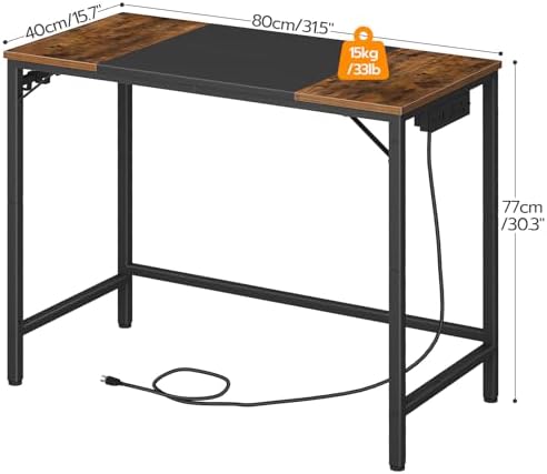 HOOBRO Computer Desk, 31.5 Inch Small Desk with Power Outlet, Writing Table with USB Charging Ports and 3 Hooks for Home Office, Study Room, Bedroom, Easy to Assemble, Rustic Brown and Black BF40UDN01 - Image 3