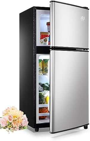 KRIB BLING 3.5 Cu.Ft Mini Fridge,Small Refrigerator 7 Level Adjustable Thermostat Removable Shelves with Stainless Steel 2 door for Office Dorm Apartment Silver by KRIBBLING