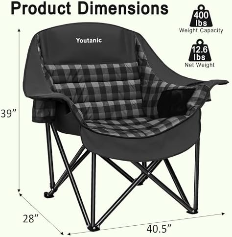 Youtanic Oversized Large Padded Camping Chair, 400 lbs Foldable Lawn Chair - Image 2