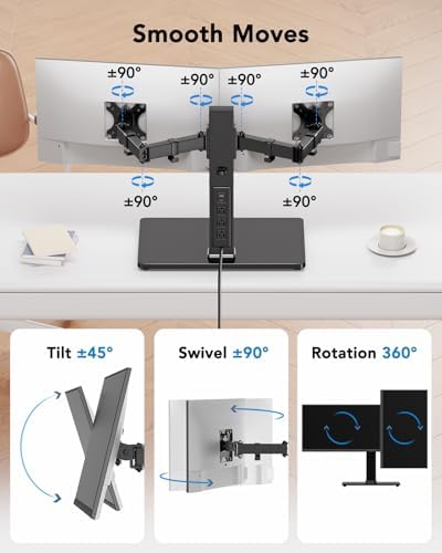 HUANUO Dual Monitor Mount with Power Outlet, Computer Monitor Stand with Sturdy Glass Base, Full Motion Dual Monitor Stand with Adjustable Height, Supports 13″-32″ Displays up to 22 lbs, Easy Setup - Image 4