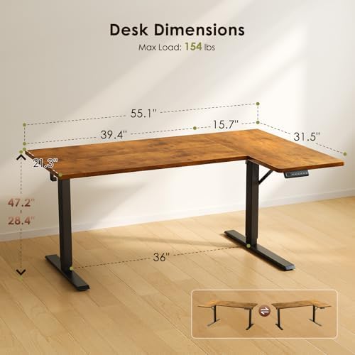 OffiGo 55 Inch Reversible L Shaped Electric Standing Desk, Rustic Brown - Image 3