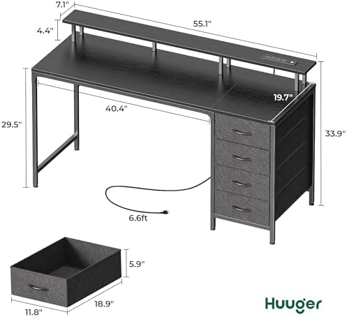 Huuger 55 Inch Computer Desk with Power Outlets and LED Lights, Gaming Desk with 4 Drawers, Office Desk with Monitor Stand, Study Work Home Office, Black - Image 3