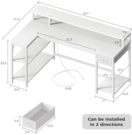 SUPERJARE 53 inch Reversible L Shaped Desk with LED Lights & Power Outlets, Computer Desk with Shelves & Monitor Stand, Gaming Desk with Drawer, Home Office Desk Corner Desk, PU White Drawer - Image 3