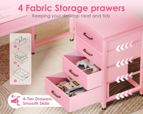 MOTPK 43" L Shaped Gaming Desk with Shelf & 4 Drawers, Carbon Fiber Pink - Image 7