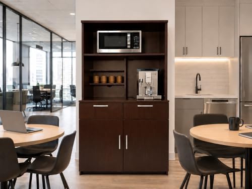 BREAKtime Breakroom Cabinet with 2-Door Base Storage & Upper Hutch, Microwave Space, Fully Assembled, 36" W x 24" D x 75" H, Appliances Not Included, Espresso - Image 2