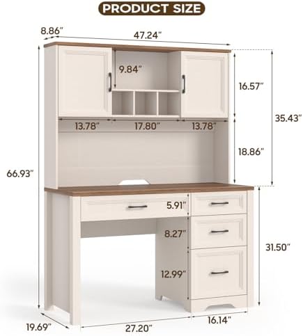 Vabches Farmhouse Executive Desk with 4 Drawers and Storage Cabinet, Rustic Large Home Writing Desk with Hutch, Workstation for Bedroom, White - Image 2