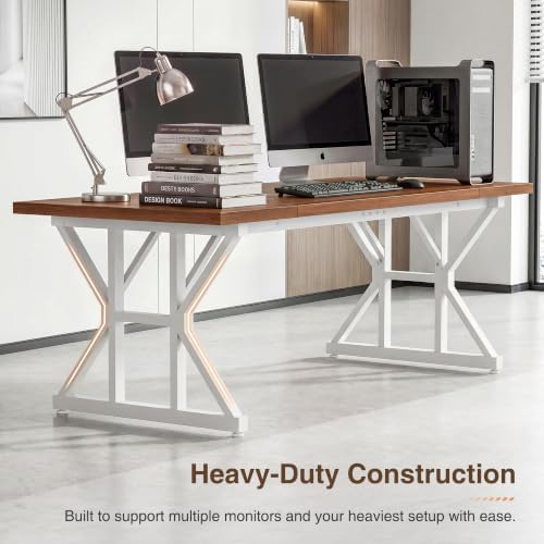 YOUDENOVA 71 Inch Executive Desk, Large Computer Office Desk Workstation with Thick Desktop & Heavy Duty Metal Legs, Modern Industrial Wood Writing Study Table for Home Office (Deep Brown/White) - Image 5