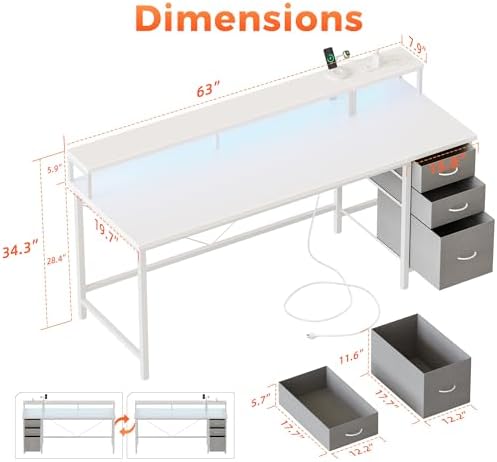 Mericonia 63 inch Computer Desk with Drawers, Reversible Gaming Desk, White - Image 2