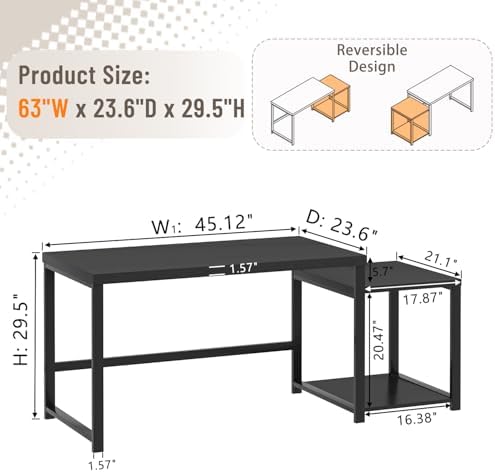 FOLUBAN Large Home Office Desk, Black Computer Desk with Storage Shelves, Modern Wood Writing Study Gaming Table for Bedroom Living Room, 63 Inch - Image 2