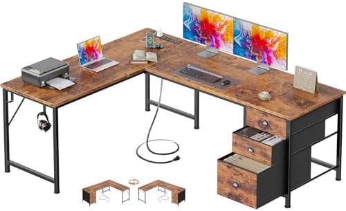 Furologee 63" L Shaped Desk, Office Corner Desk with Power Outlets, Brown by Furologee