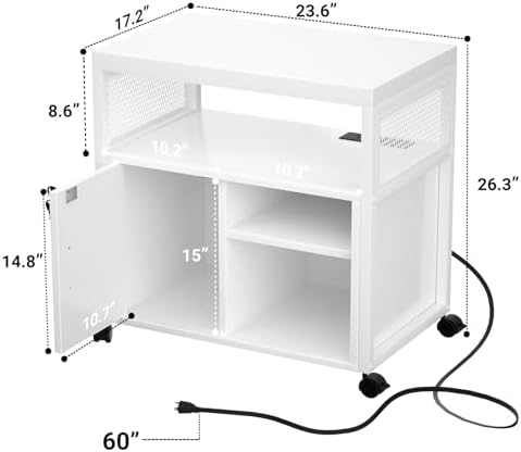Unikito Rolling File Cabinet Lateral Office Filing Cabinets with Socket and USB Charging Port, Modern Printer Stand on Wheels, Printer Cabinet with Door and Open Storage, Lockable, White - Image 3