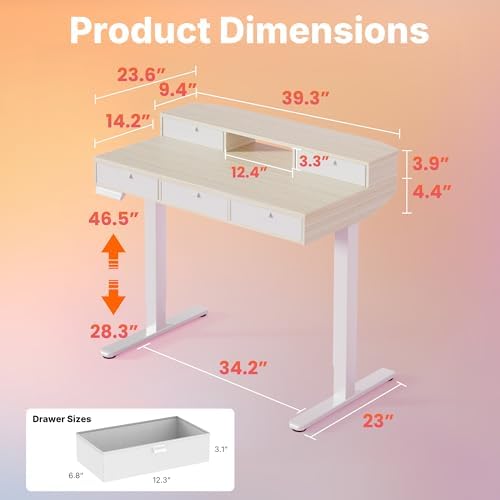 HUANUO 40 x 24 Inch Electric Standing Desk with 4 Drawers, Natural - Image 2