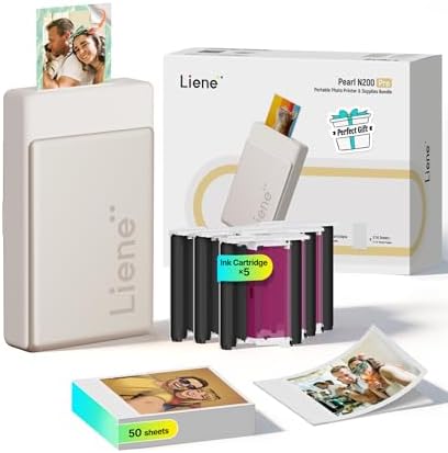Liene Pearl N200 Pro Portable Photo Printer, Instant Mini Picture Printer for iPhone Smartphone, Thermal Dye Sublimation, Bluetooth Sticker Printer 50 Sheets 2x3 Adhesive Paper & 5 Cartridges, Gold by Liene