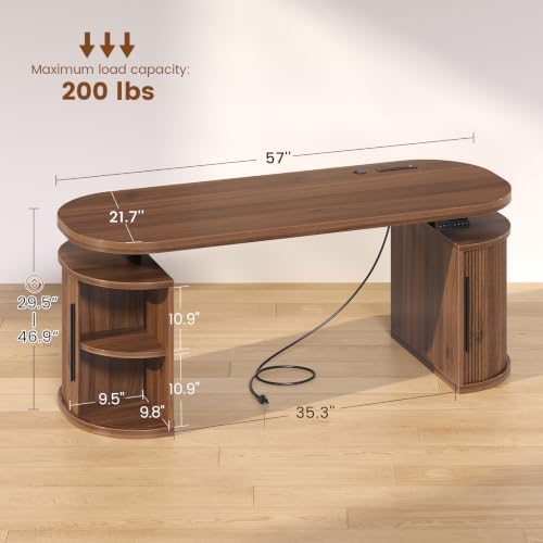 SEDETA 57" Standing Desk with Storage, Electric Height Adjustable Executive Fluted Desk with Curved Cabinets, Computer Desk with Power Strip for Home Office, Brown - Image 2