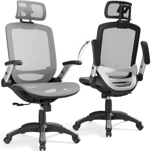 GABRYLLY Ergonomic Office Chair, High Back Home Desk Chair with Headrest, Flip-Up Arms, 90-120° Tilt Lock and Wide Cushion, Big and Tall Mesh Chairs for Man Woman, Grey Task Chair by GABRYLLY