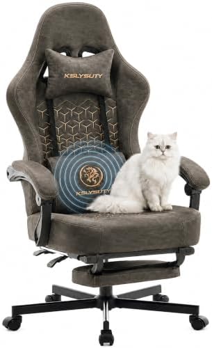 Desk Computer Gaming Chair - Ergonomic Game Office Chair with Extended Footrest and Massage Lumbar Support, Home Gamer Video Game Chairs with Spring Cushion for Adults (Pro Grey Leather) by KslysutyFurniture