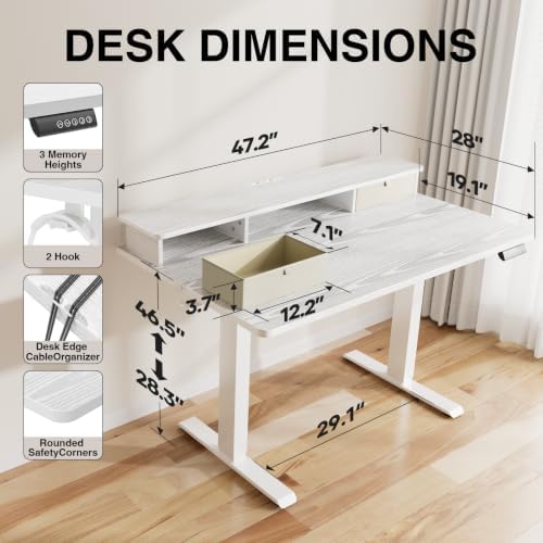 Veken 47x28 in Electric Standing Desk with Drawers, Adjustable Table, White - Image 3