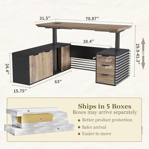 Electric Height Adjustable Executive Desk, Luxury L-Shaped Office Desk with Storage Cabinet & Charging Station, Solid Thickened Desktop, 70" Modern CEO Workstation for Home Office & Corporate Office - Image 2