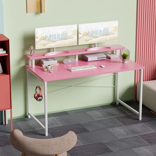 Pamray 47 Inch Small Computer Desk with Monitor Stand, Simple Office Desk with Headphone Hook for Small Spaces, Kids Study Writing Table for Bedroom, Pink - Image 2