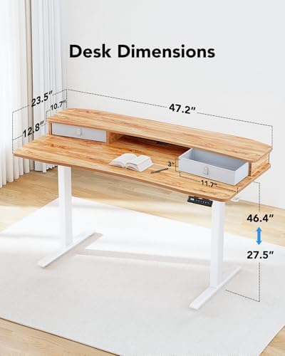 HUANUO 48″ x 24″ Electric Standing Desk with 2 Drawers, C-Clamp Mount Compatible, Height Adjustable Computer Desk, Home Office Stand Up Desk with 4 Preset Heights & 2 Hooks, Light Vintage - Image 3