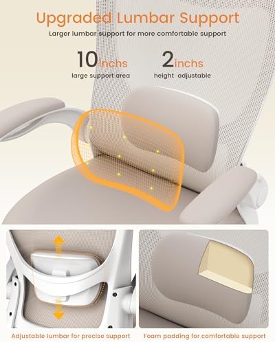 MUXX.STIL Office Chair, Ergonomic Desk Chair with Adjustable Lumbar Support and Flip up Armrest, Breathable Mesh Computer Chair for Home Office, Khaki - Image 4
