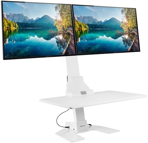 Mount-It! Electric Standing Desk Converter, Motorized Sit Stand Desk Riser with Dual Monitor Mounts, Adjustable Height Ergonomic Workstation with 28” Wide Platform and Tablet/Phone Slot, White by Mount-It