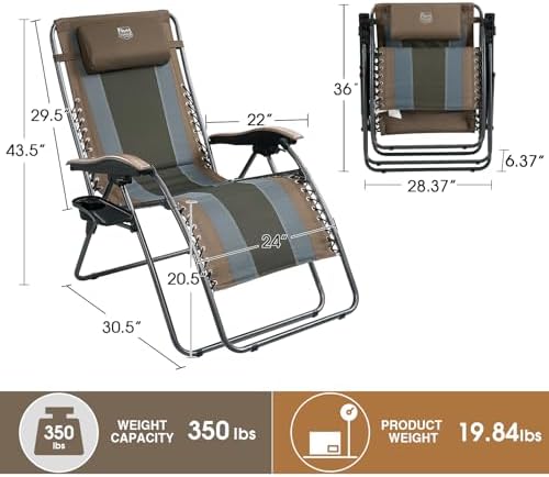 Timber Ridge Oversized Zero Gravity Chair, Padded Reclining Lounge Chair with Adjustable Headrest & Cup Holder, Heavy Duty Support 350 lbs, Foldable for Camping, Lawn, Outdoor & Indoor - Image 3