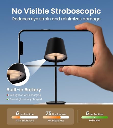 Cordless Table Lamp, Portable Battery Operated Lamp with 3 Color Temps and Stepless Dimming, Rechargeable Table Lamp for Dinner, Desk, Cafe, Outdoor (Black) - Image 6