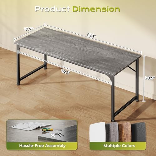 PRAISUN 55 Inch Computer Desk, Office Desk, Spacious Desktop, Grey - Image 3