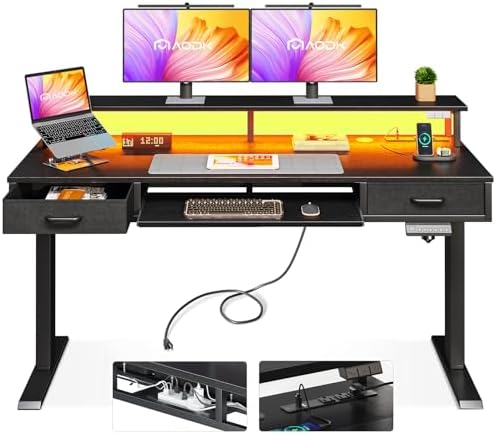 AODK 55 Inch Electric Standing Desk with Drawers & Keyboard Tray, Black by AODK