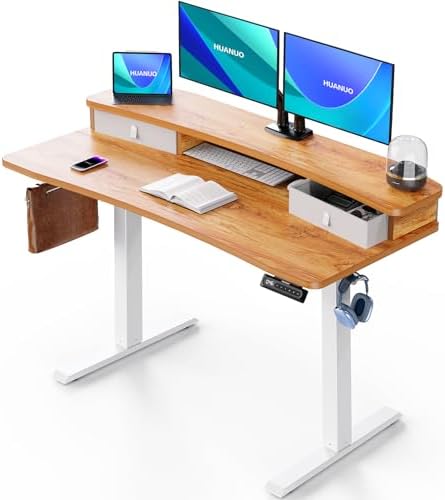 HUANUO 48″ x 24″ Electric Standing Desk with 2 Drawers, C-Clamp Mount Compatible, Height Adjustable Computer Desk, Home Office Stand Up Desk with 4 Preset Heights & 2 Hooks, Light Vintage by HUANUO