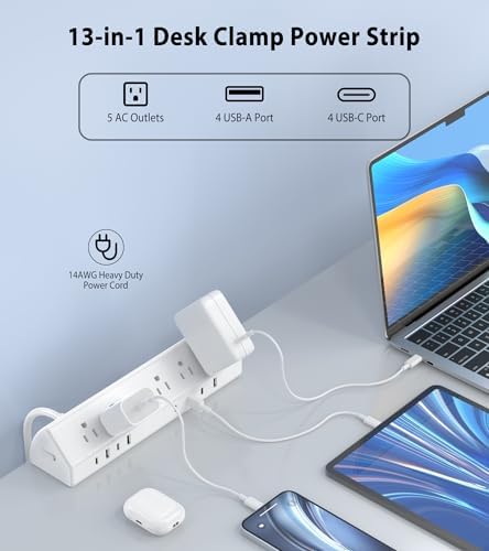 Jgstkcity Desk Clamp Power Strip USB C 45W,8 USB,15FT Cable,White - Image 2