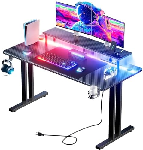 HLDIRECT 55 Inch Gaming Desk with LED Lights & Cable Management, Black by HLDIRECT