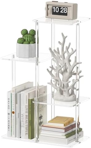 4-Tier Acrylic Desktop Bookshelf,15" W ×7.9" D ×22.8" H, Mini Desk Shelf for Top of Desk, Clear Tabletop Shelf Organizer for Home Office Supplies & Accessories, Easy Assembly by CRTERICX