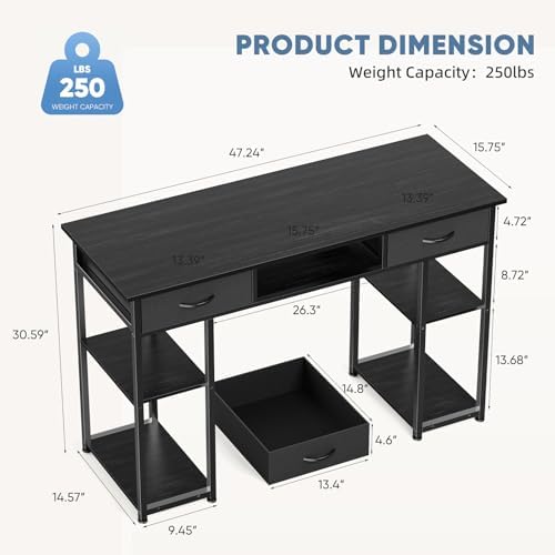 DUMOS 48-Inch Computer Desk with Drawers and Hook, Black - Image 3