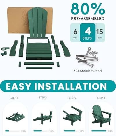 SERWALL Folding Adirondack Chair Set of 2 with Cup Holder, Fire Pit -Green - Image 6