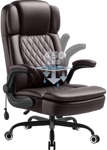 450LBS Big and Tall Executive Office Chair with Flip up Arm,Heavy Duty PU Leather Computer Desk Chair,Comfortable High Back Swivel Home Office Chair with Rolling for Adults,Spring Cushion,Metal Base by Wailor