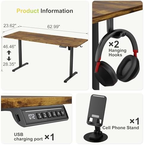 Furmax 63 Inches Electric Standing Desk, Home Office Desk with Phone Holder - Image 3
