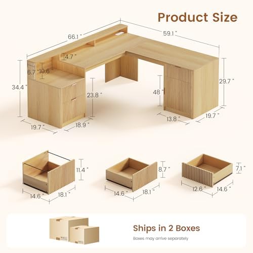 SEDETA 66" Modern L Shaped Desk with Drawers, Fluted Home Office Desk with File Cabinet and Printer Shelf, Wood Executive Desk with Monitor Stand, Power Outlets, Led Lights, Oak - Image 2