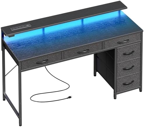 Huuger Gaming Desk with 6 Drawers, Computer Desk with LED Lights Power Outlets and Type-C, 47 Inch Office Desk with Storage, Monitor Stand, Writing Desk Work Desk Home Office, Bedroom, Black by Huuger
