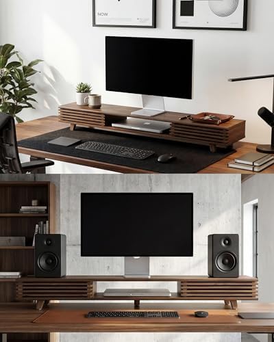 42" Dual Monitor Stand with Sliding Doors Desk Shelf Dark Bamboo - Image 6