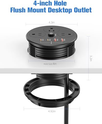 100W USB C Desktop Power Grommet, Double-Side 4 USB 5 Outlets (15Amp) - Image 6
