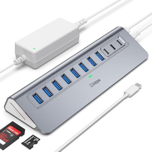 Powered USB Hub 10Gbps, Intpw YH9AC Plus 13-Port USB 3.2 Hub(USB A+USB C 3.2+6 USB-A 3.0+2 PD 45W Fast Charging Port+SD/TF Card Reader), 65W Power Adapter,Aluminum USB HUB for PC,Laptop,iPhone 17/16 by intpw
